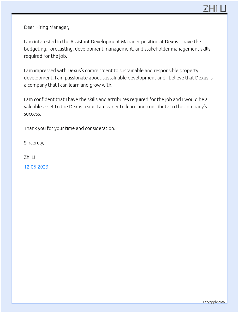 Assistant Development Manager At Dexus Cover Letter