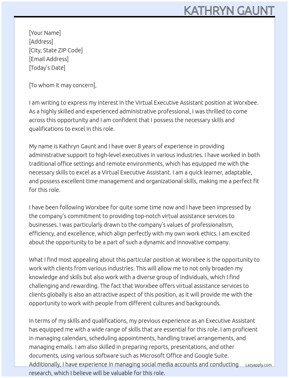Virtual Executive Assistant At Worxbee Cover Letter