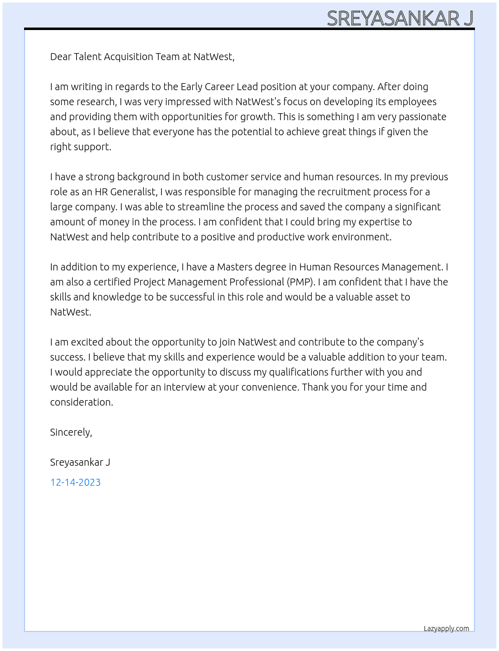 Early career lead At NatWest  Cover Letter