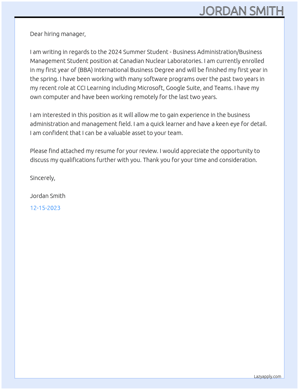 2024 Summer Student - Business Administration/Business Management Student At Canadian Nuclear Laboratories  Cover Letter