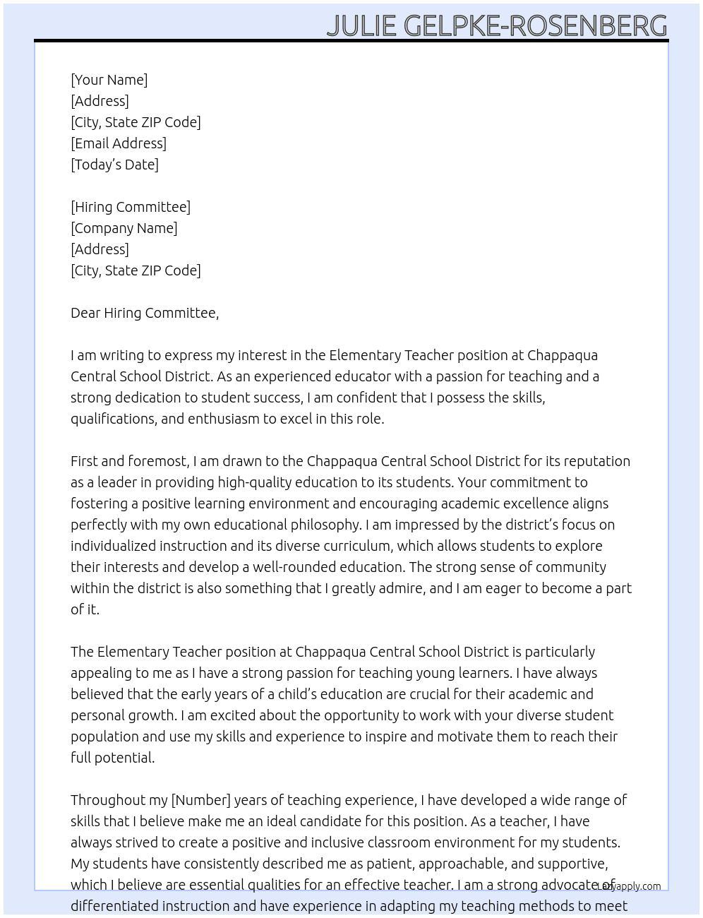 Elementary Teacher At Chappaqua Central School District Cover Letter