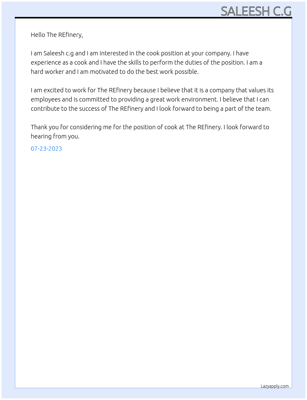 Cook At The REfinery Cover Letter
