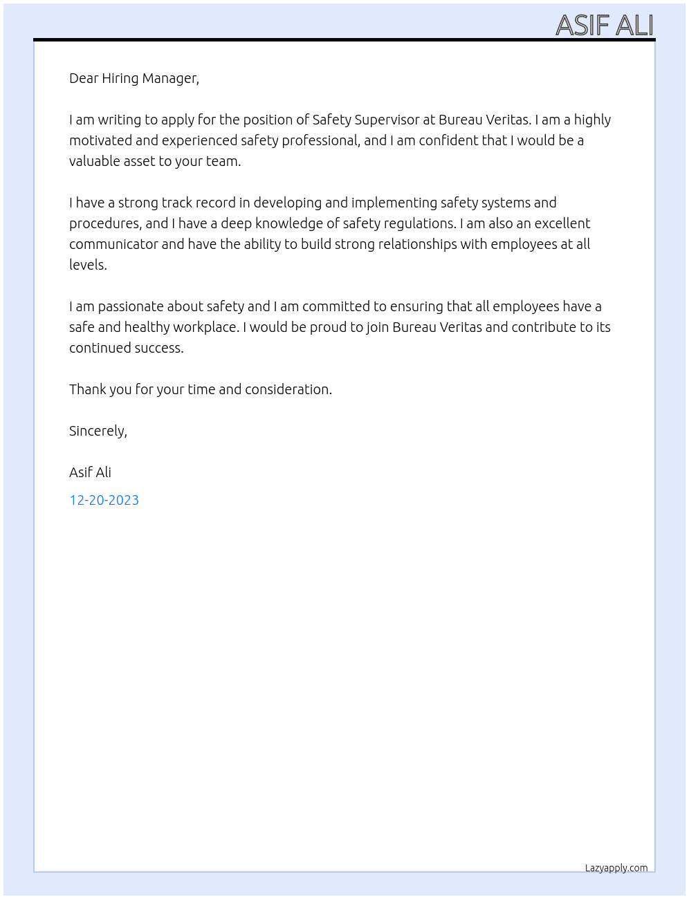 Safety Supervisor At Bureau veritas Cover Letter