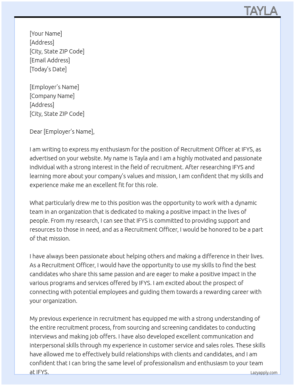 Recruitment Officer At IFYS  Cover Letter