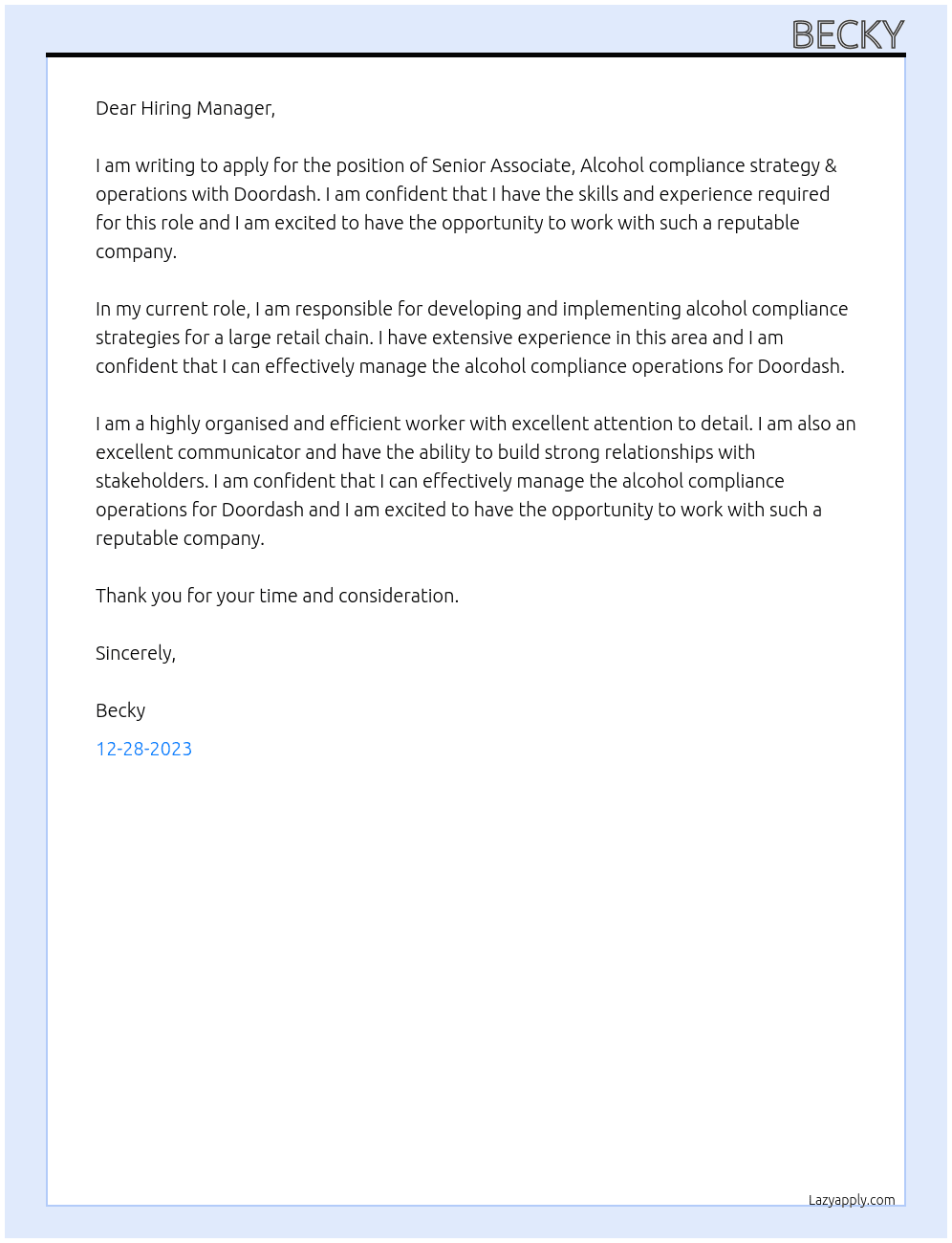 Serior Associate, Alcohol compliance strategy & operations At Doordash Cover Letter