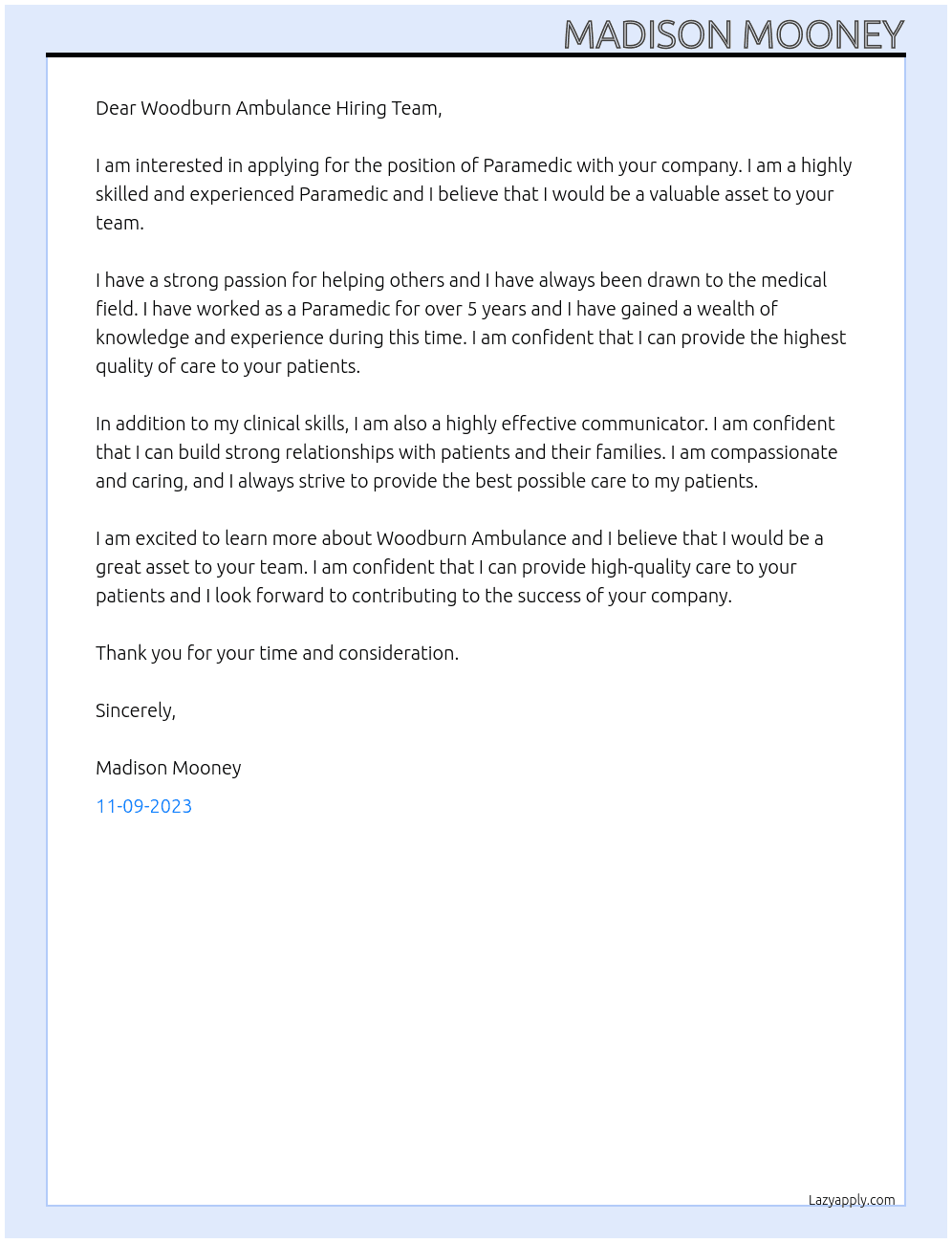 Paramedic At Woodburn Ambulance Cover Letter