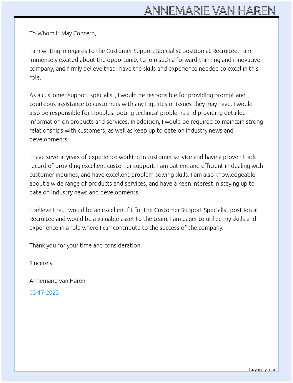 Customer Support Specialist  At Recruitee  Cover Letter