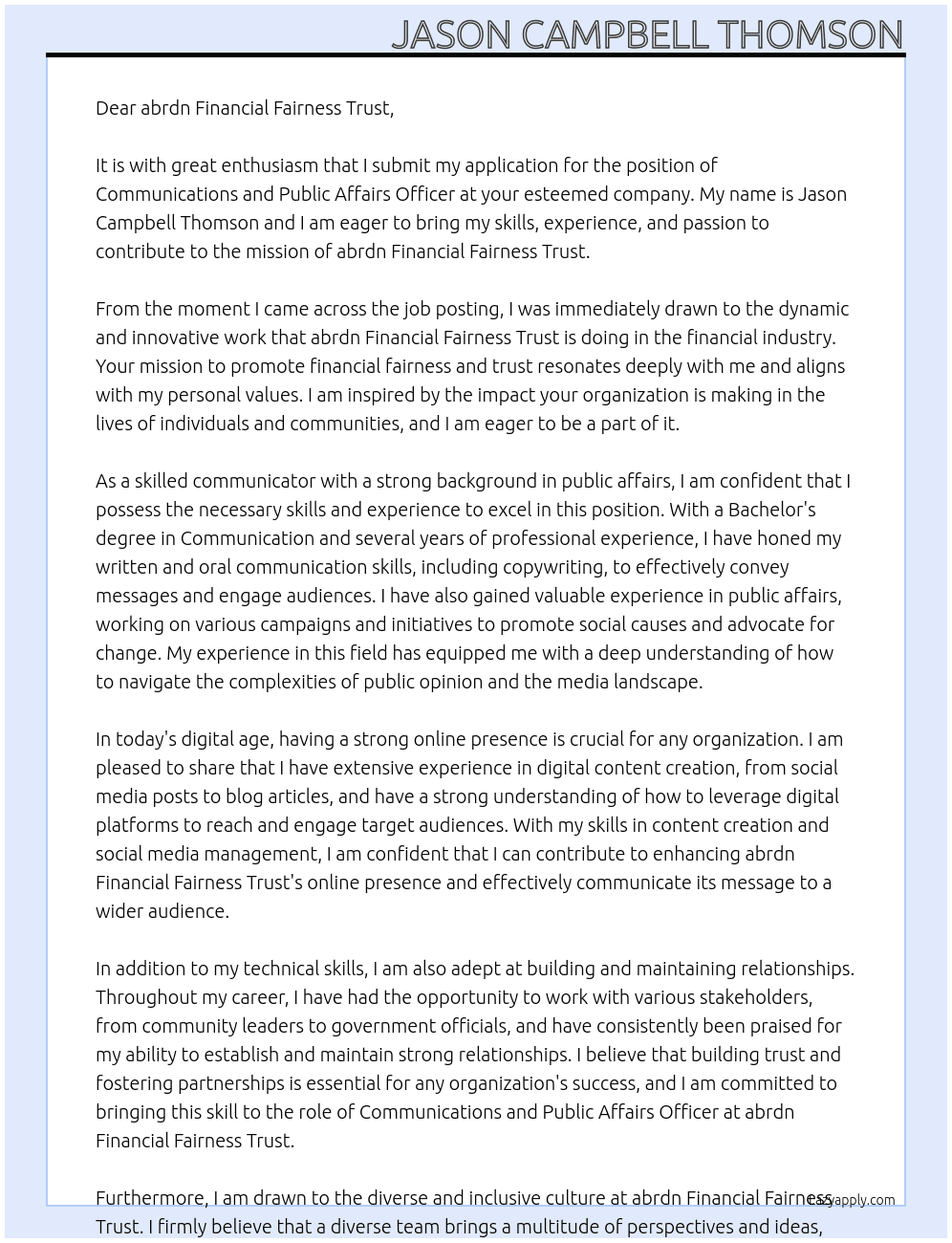Communications and Public Affairs Officer At abrdn Financial Fairness Trust Cover Letter