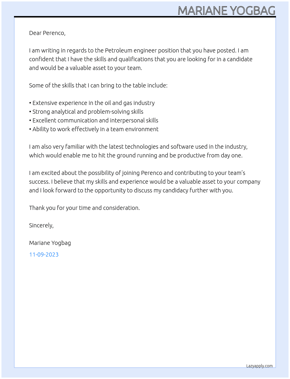 Petroleum engineer At Perenco Cover Letter