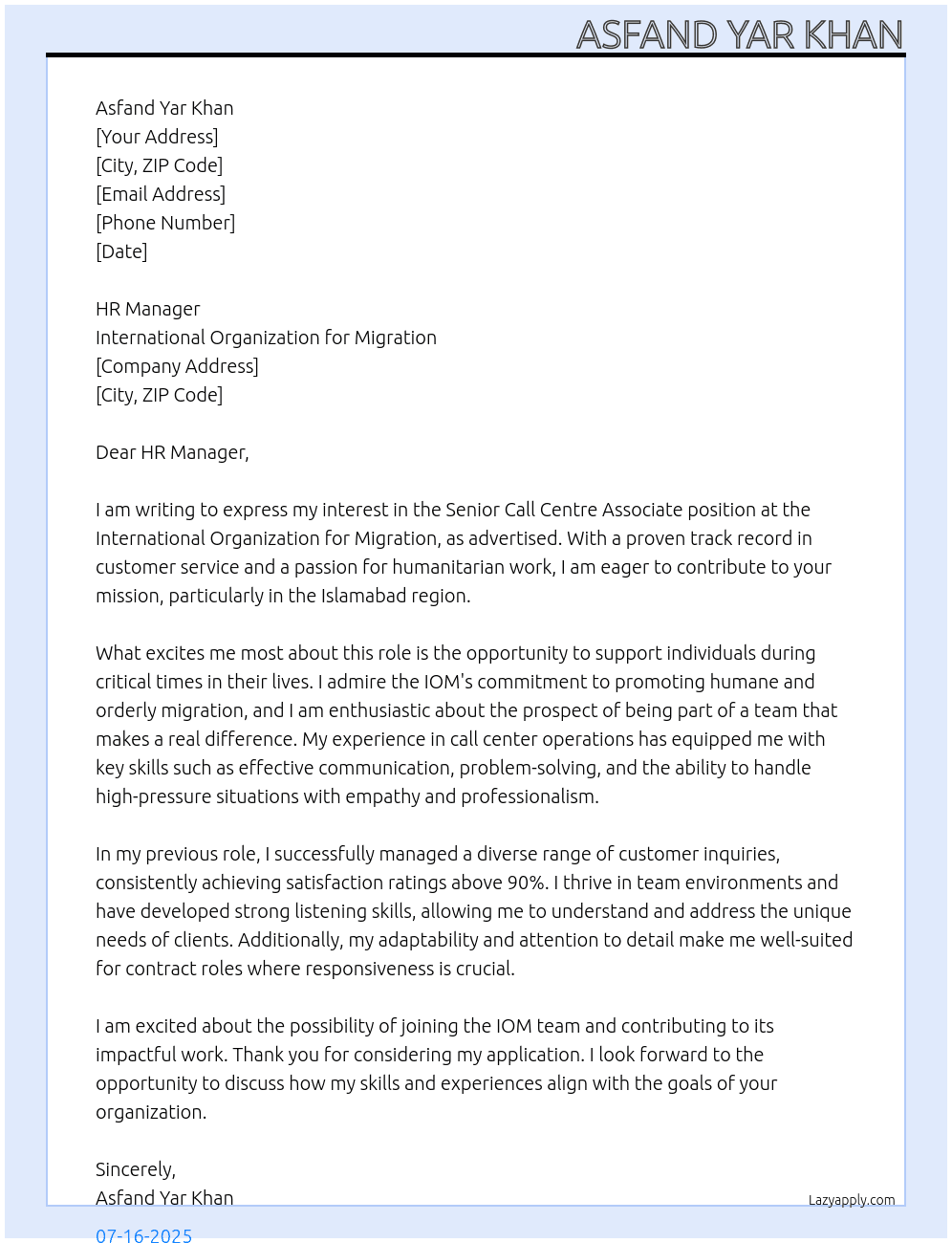 Senior Call Centre Associate At International Organization for Migration Cover Letter