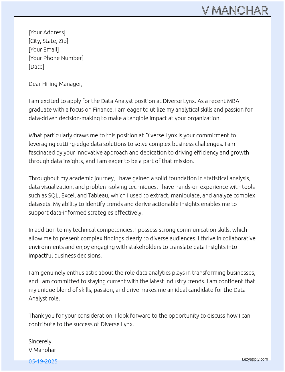 Data Analyst  At Diverse Lynx  Cover Letter