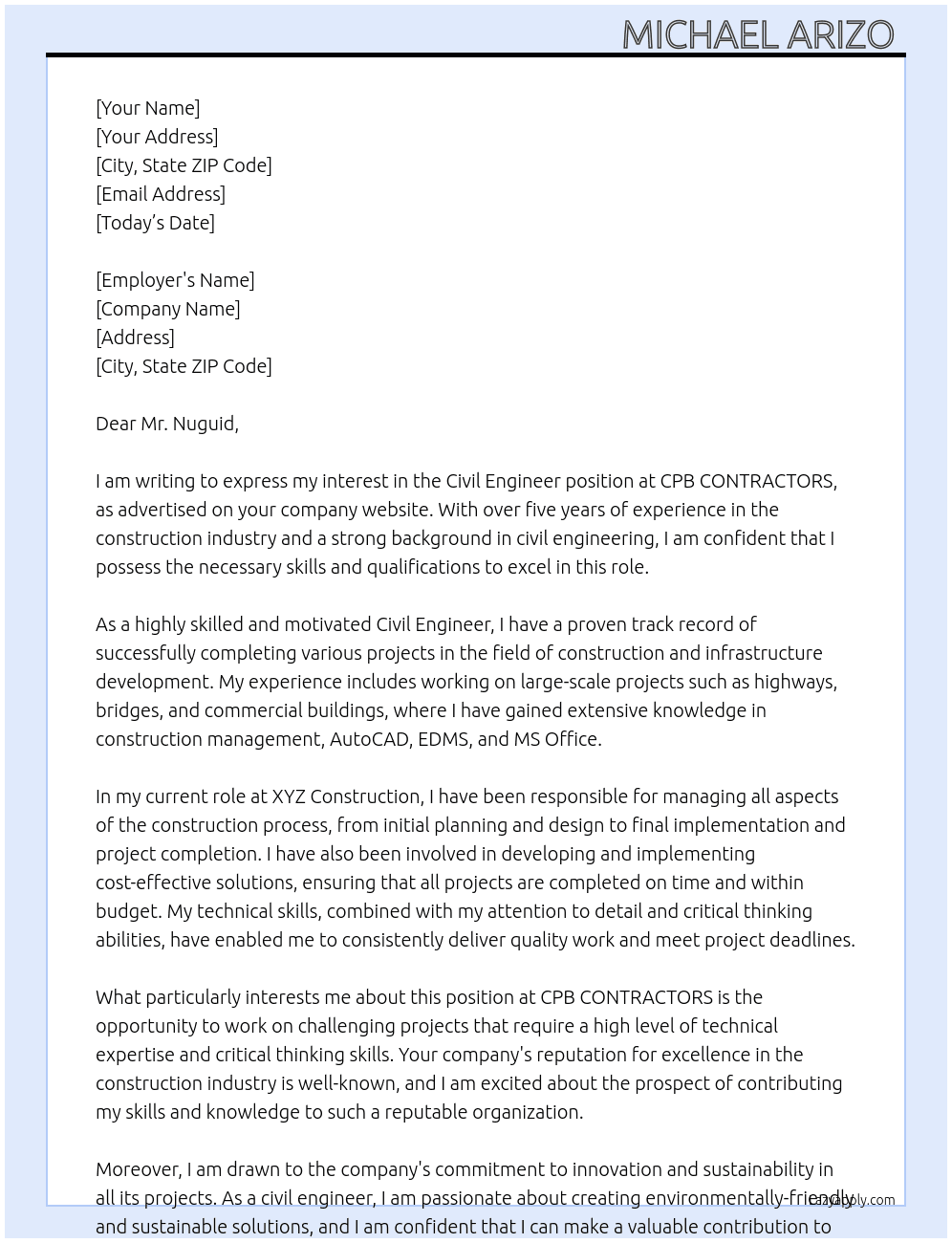 Civil Engineer  At CPB CONTRACTORS  Cover Letter