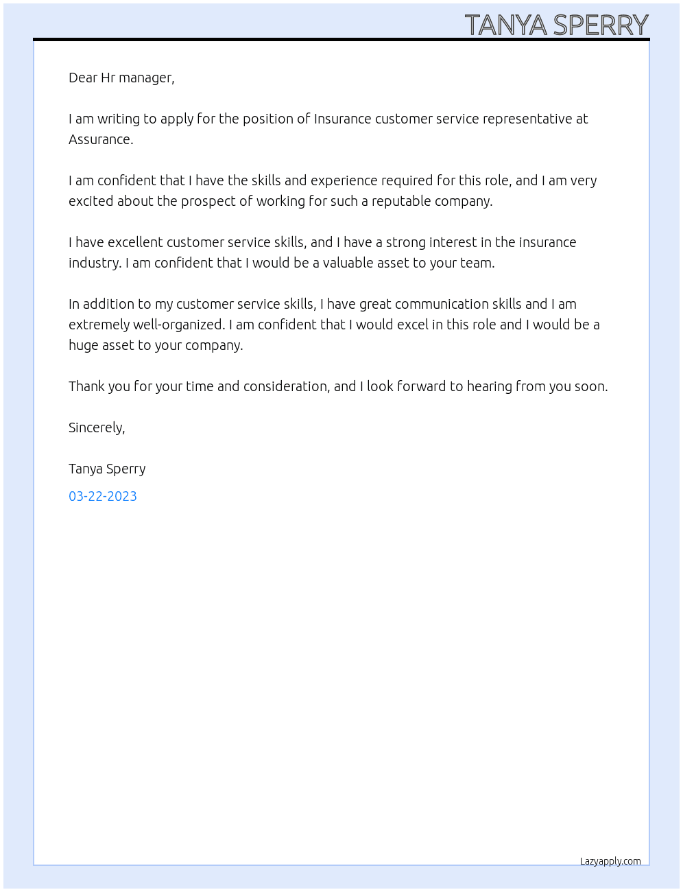 Insurance customer service representative  At Assurance  Cover Letter