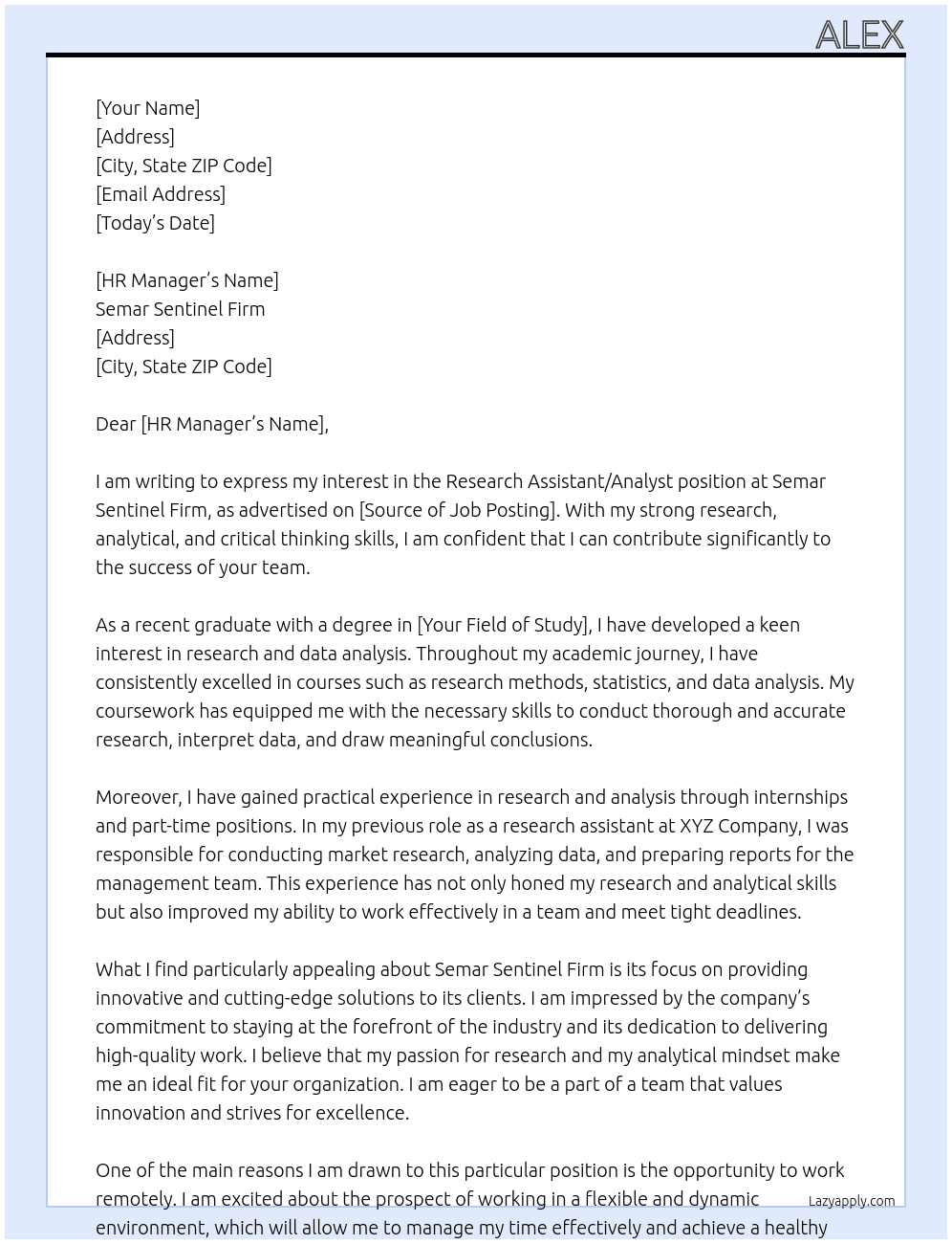Research Assistant/Analyst At Semar Sentinel Firm Cover Letter