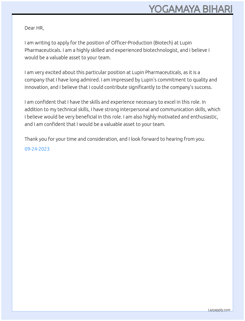 Officer-Production (Biotech) At Lupin Pharmaceuticals Cover Letter