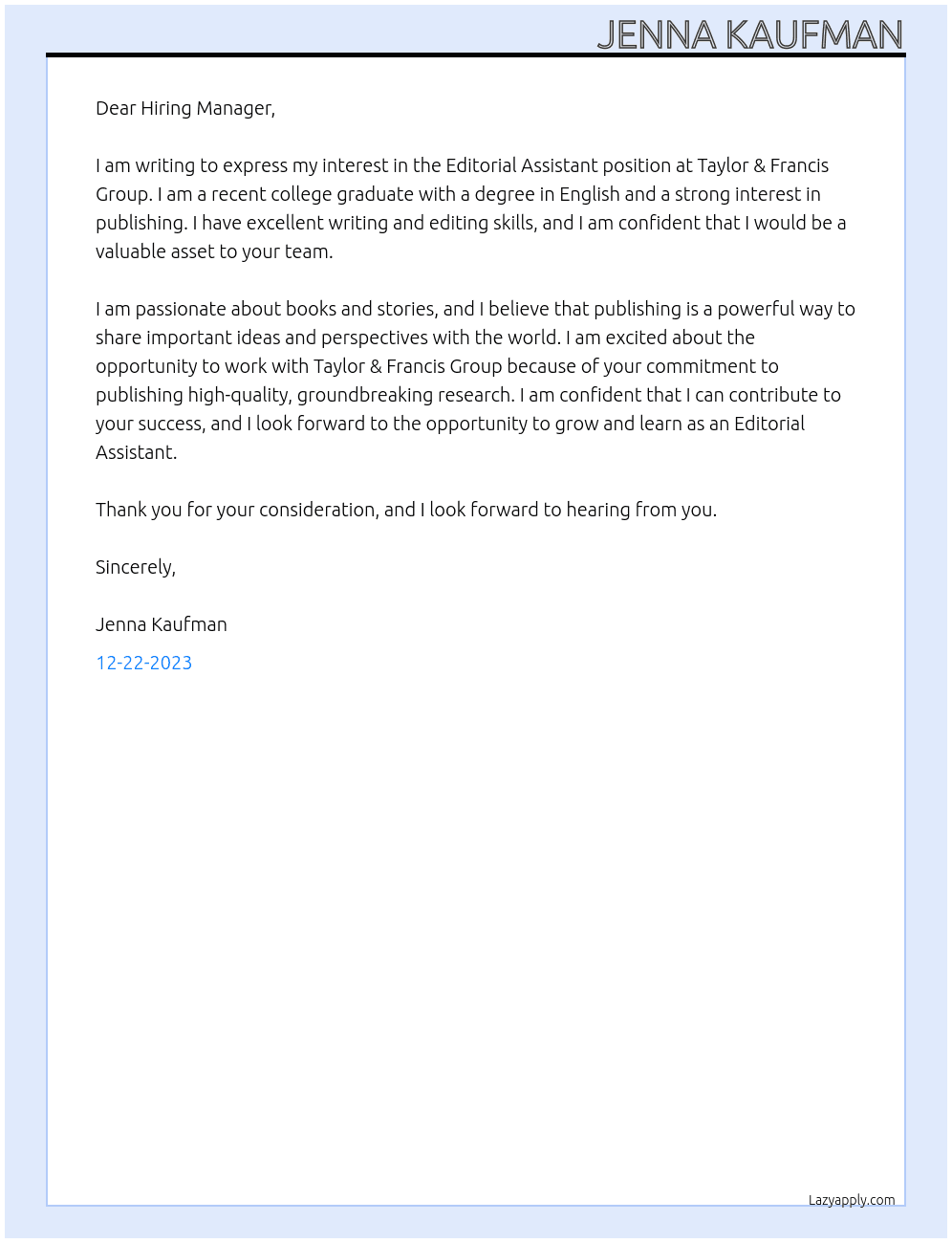 Editorial Assistant At Taylor & Francis Group Cover Letter