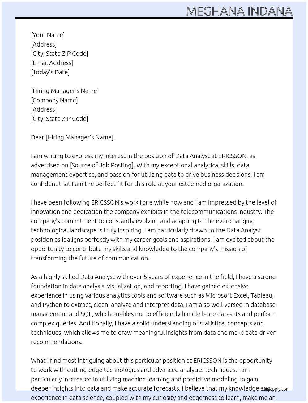 Data Analys At ERICSSON Cover Letter
