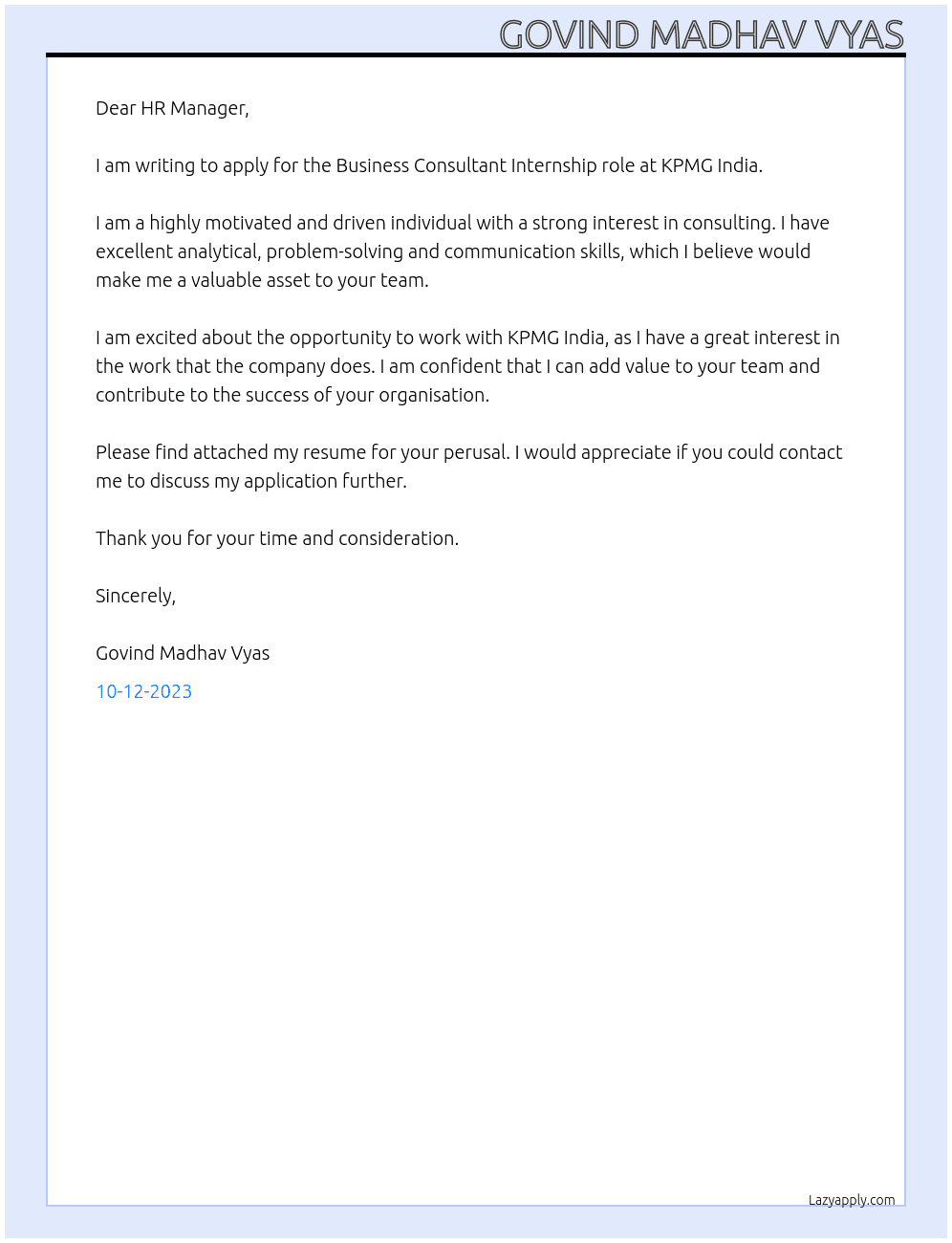 Business Consultant  At KPMG India Cover Letter