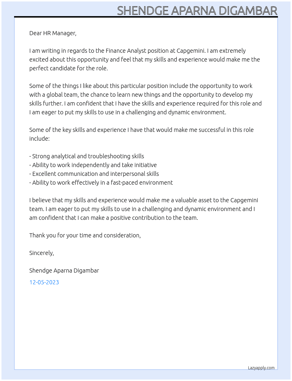 Finance Analyst  At Capgemini  Cover Letter