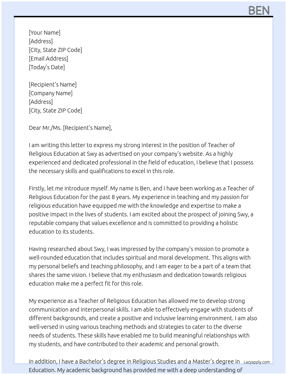 Teacher of religious education  At Swy Cover Letter