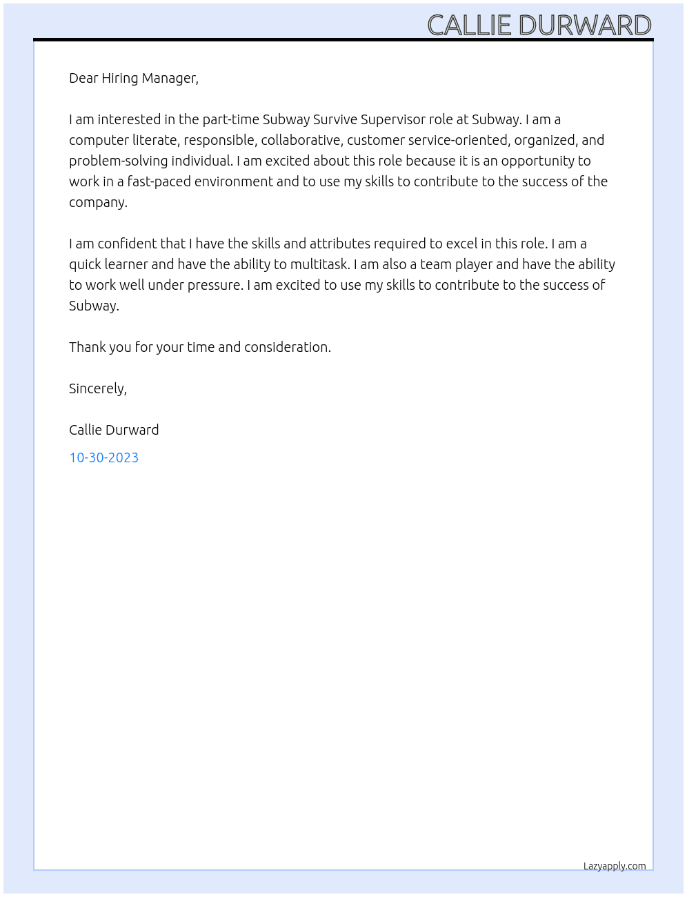 Subway Survive Supervisor   At Subway Cover Letter