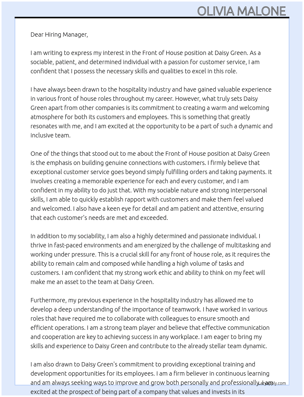 Front of House  At Daisy Green  Cover Letter