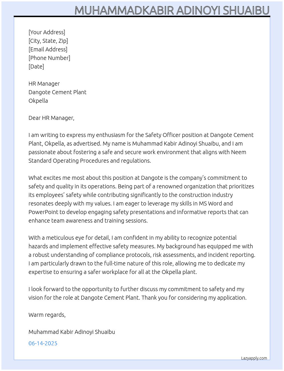 Safety Officer  At Dangote Cement Plant, Okpella.  Cover Letter