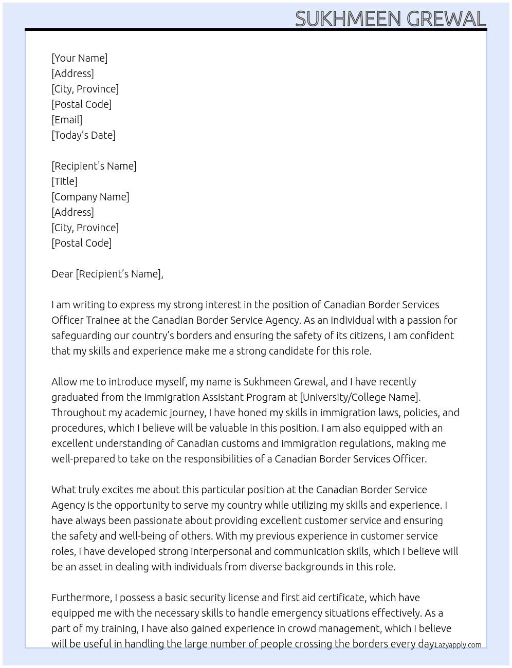 Canadian border Services Officer Trainee At Canadian Border Service Agency  Cover Letter