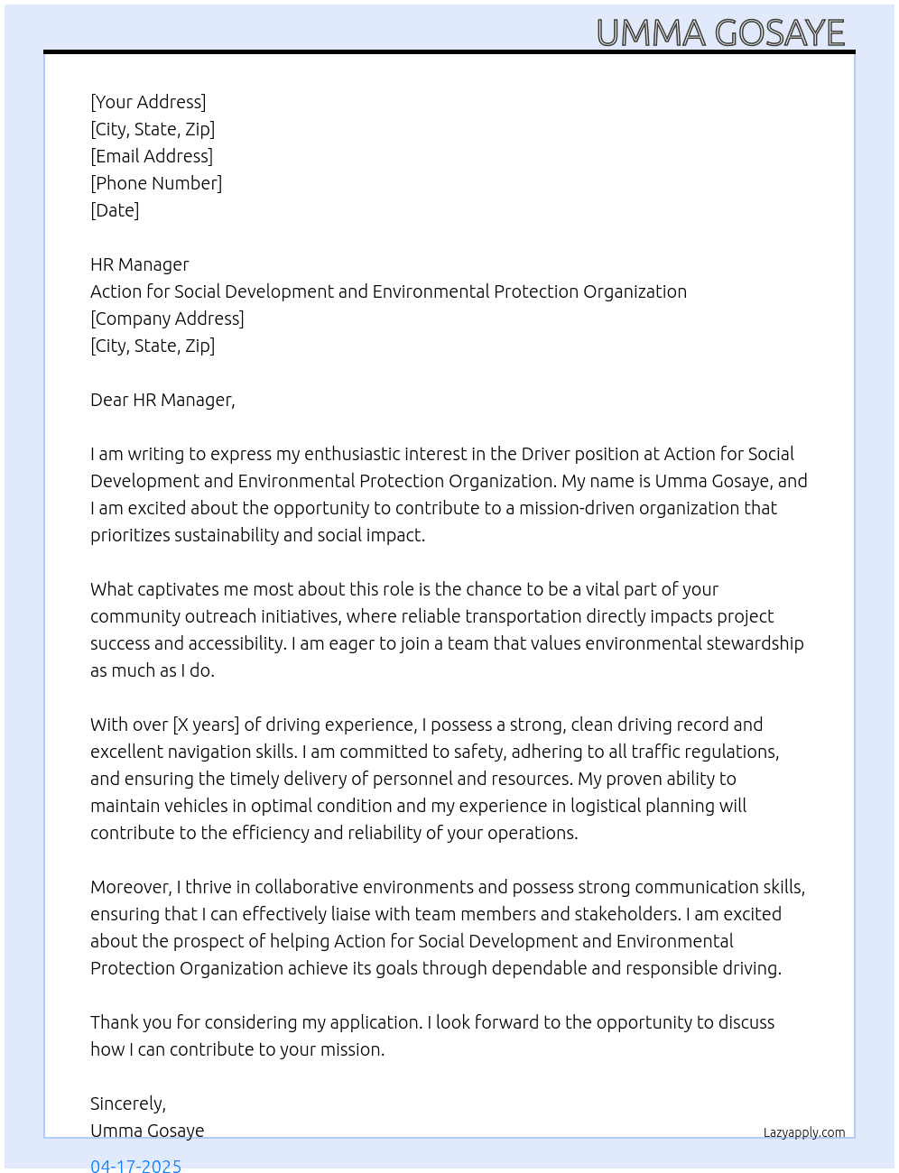 Driver  At action for social development and environmental protection organization  Cover Letter