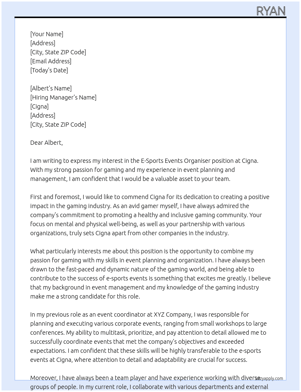 E-Sports Events Organiser At Cigna Cover Letter