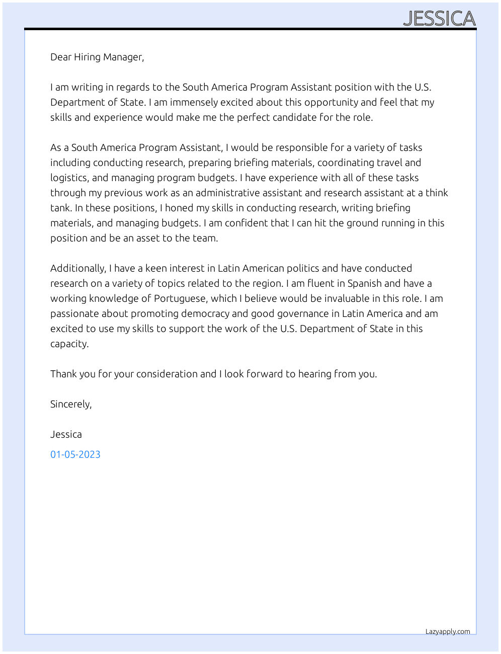 Cover letter for south america program assistant - LazyApply