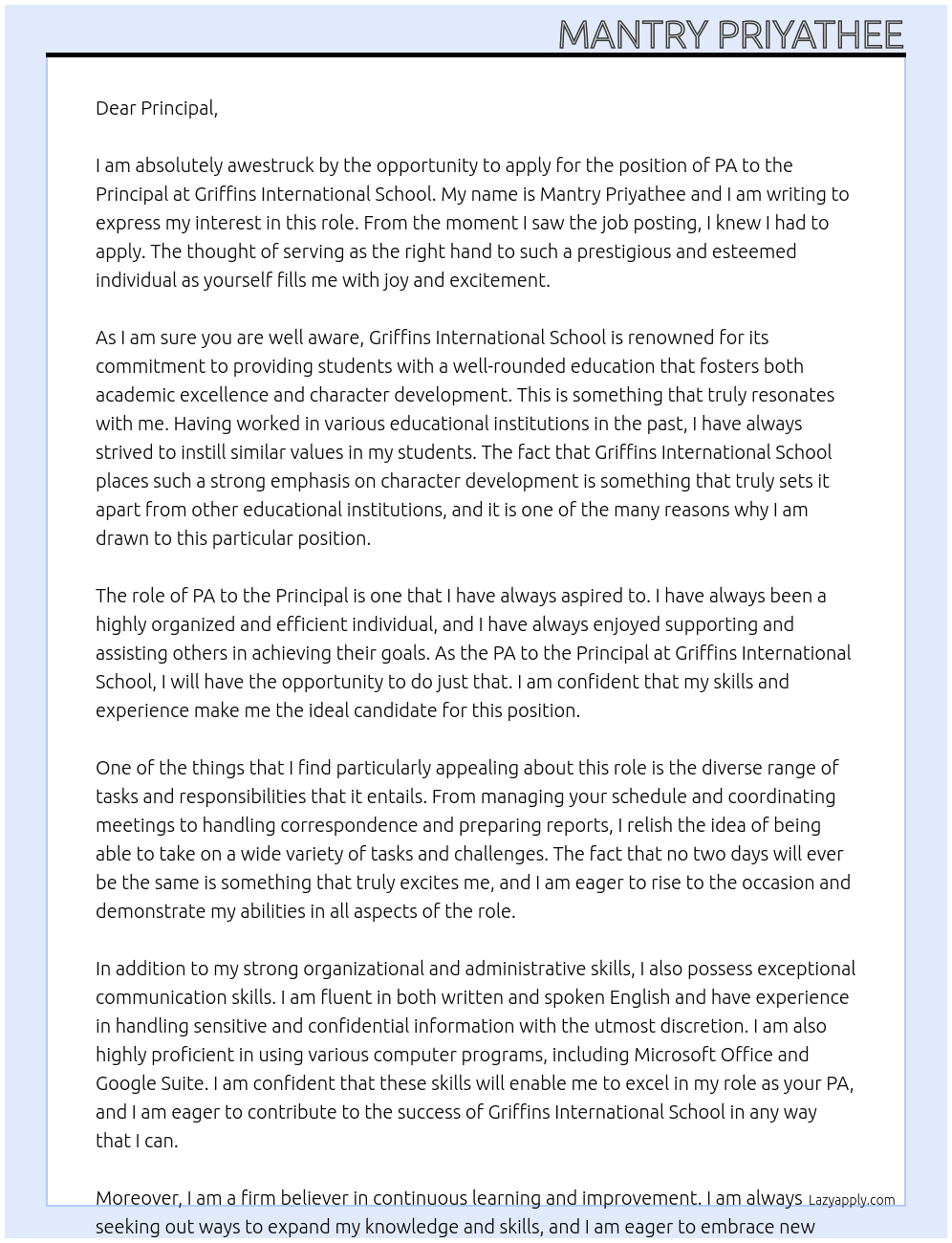 PA to Principal At Griffins International School Cover Letter