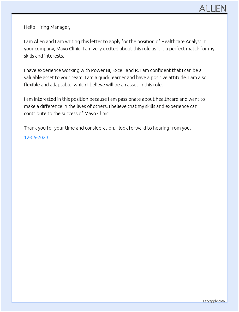 Healthcare Analyst At Mayo clinic Cover Letter