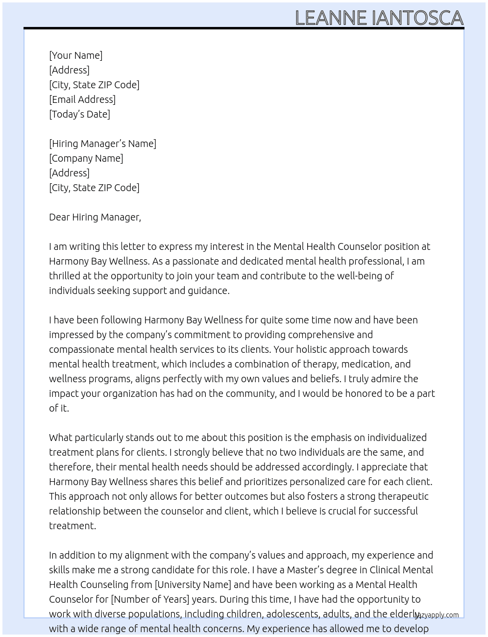 Mental Health Counselor At Harmony Bay Wellness Cover Letter