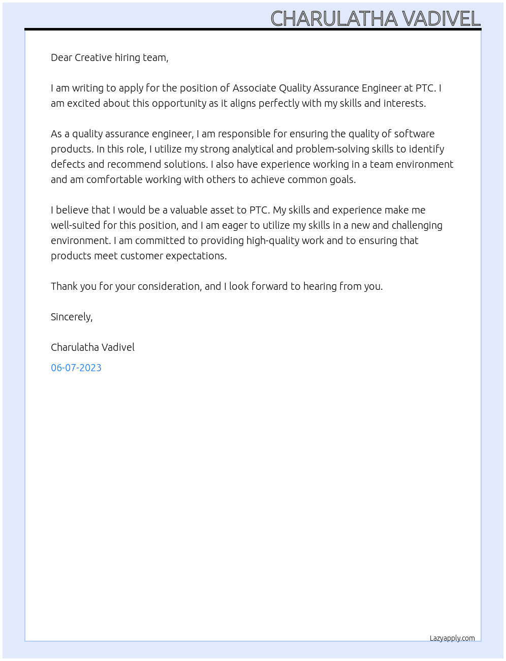 Associate Quality Assurance Engineer At PTC Cover Letter