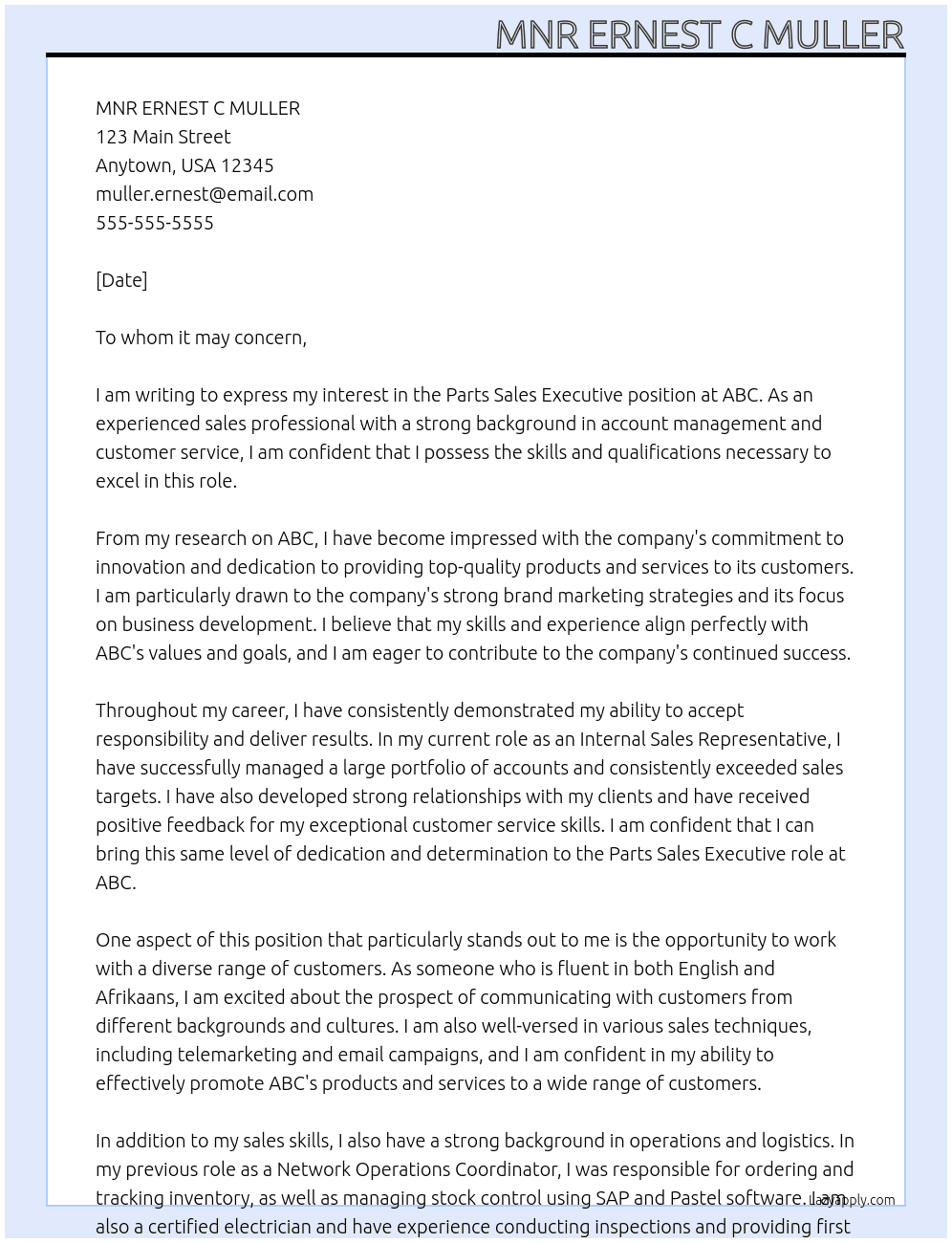 Cover letter for parts sales executive - LazyApply