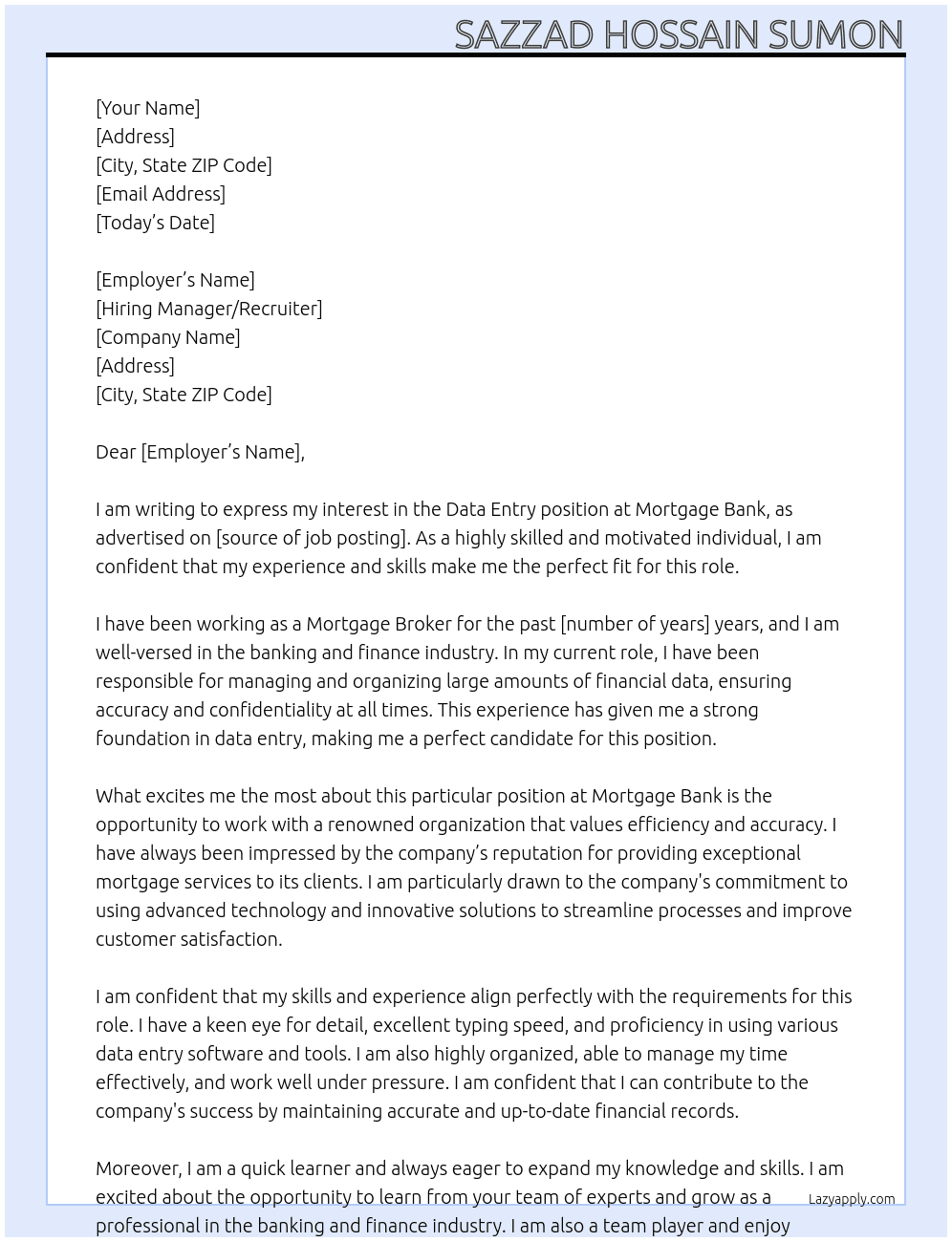Data Entry At Mortgage Bank Cover Letter