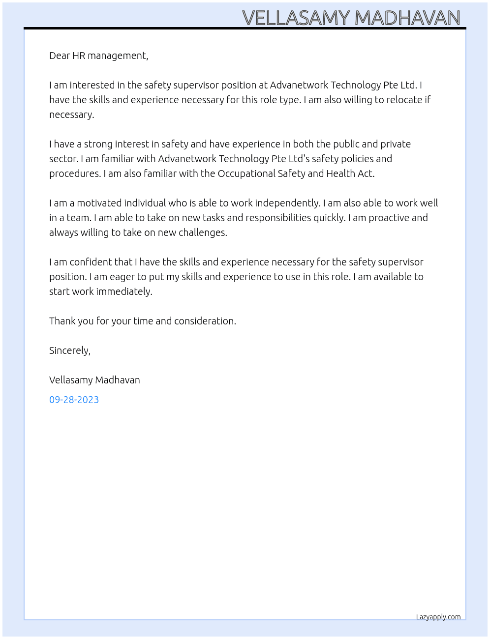 Safety supervisor  At Advanetwork Technology Pte Ltd Cover Letter