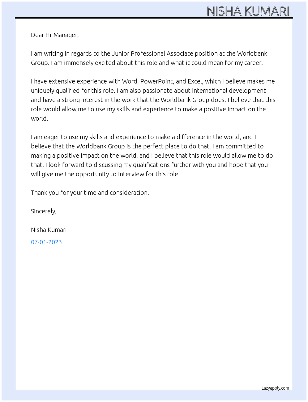 Junior professional Associate  At Worldbank group  Cover Letter