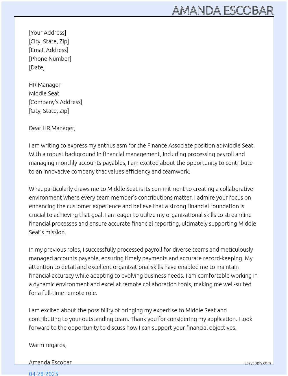 Finance Associate At Middle Seat Cover Letter
