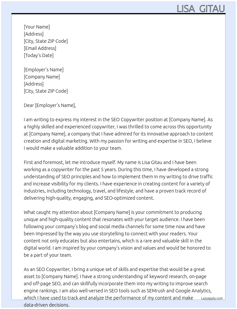 SEO Copywriter At cofee n content Cover Letter