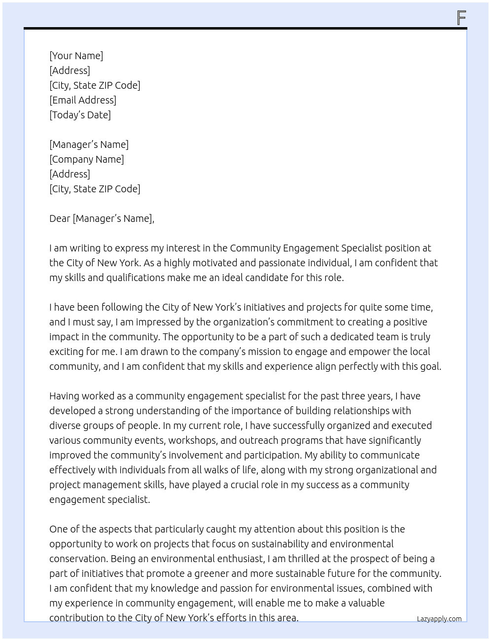 Community engagement specialist At city of new york Cover Letter
