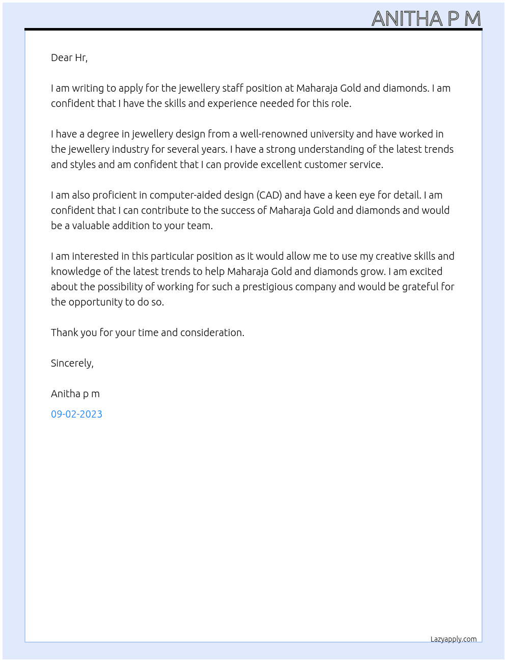 Jewellery staff At Maharaja Gold and diamonds  Cover Letter