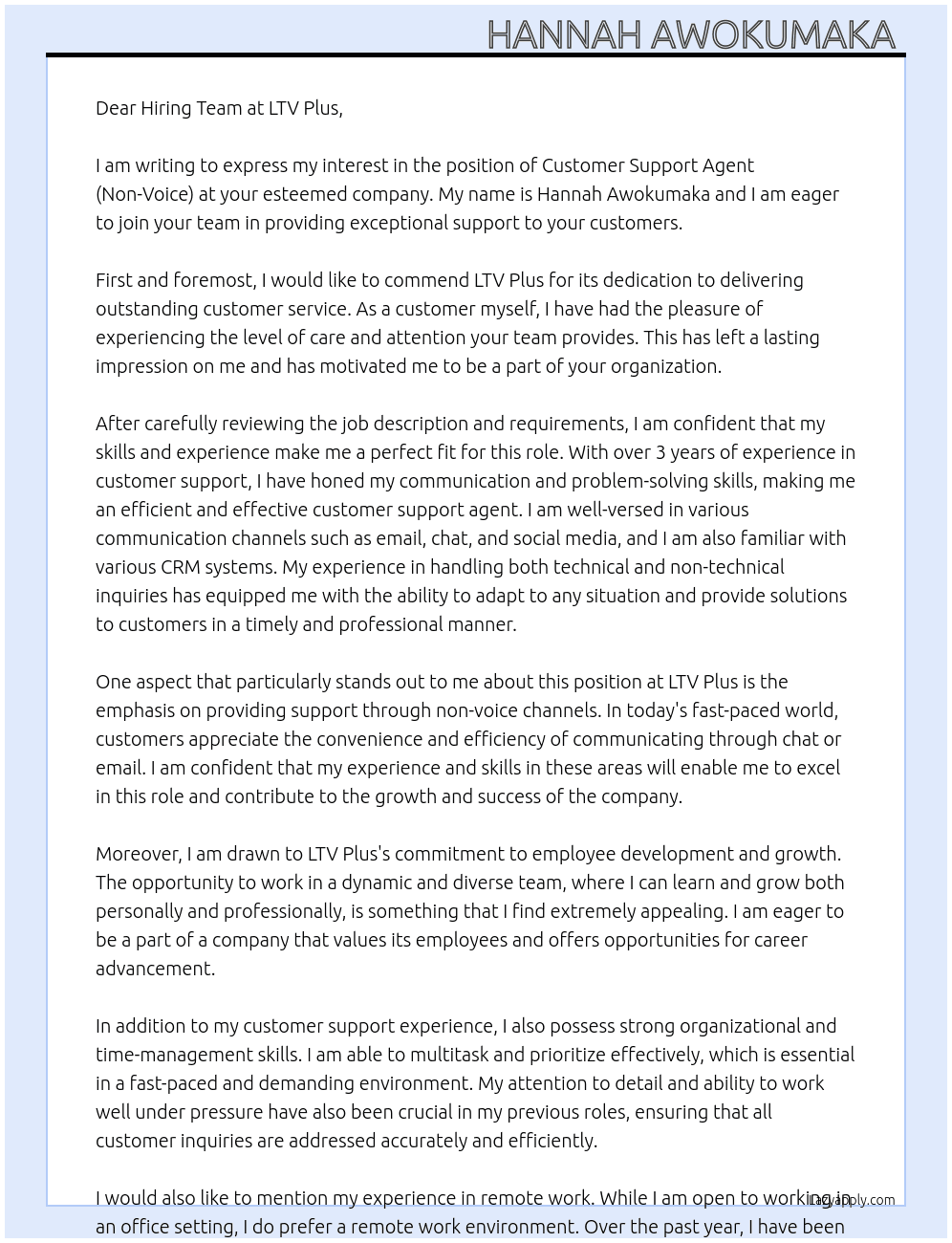 Customer Support Agent( Non-Voice) At LTV Plus Cover Letter