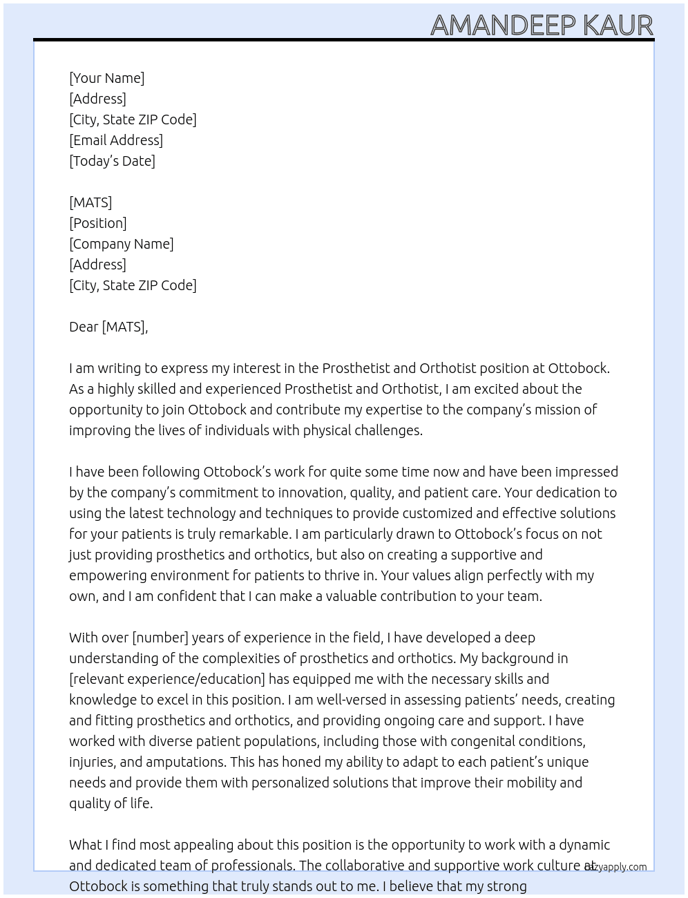 prosthetist and orthotist At ottobock Cover Letter