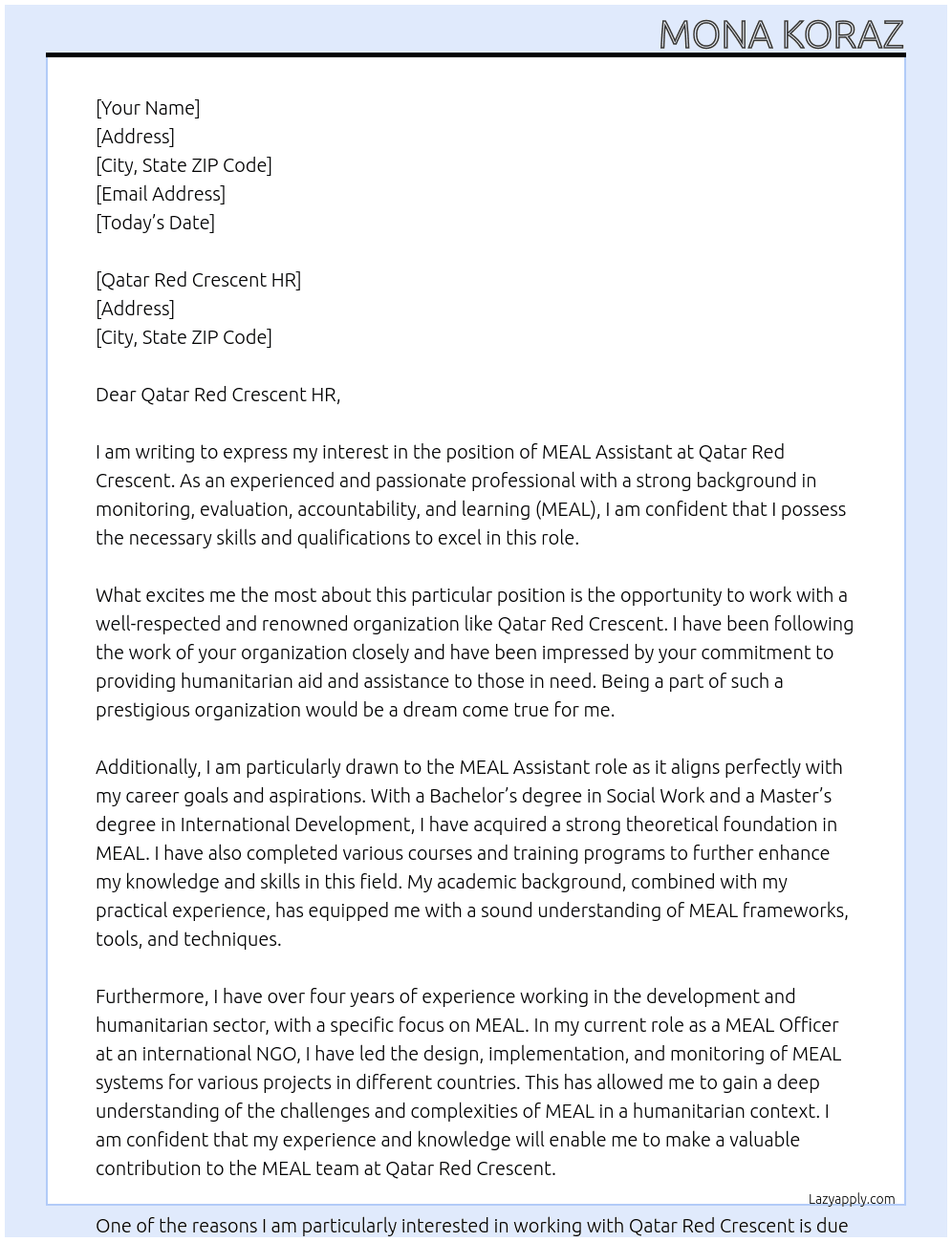 MEAL Assistant At Qatar Red Crescent  Cover Letter
