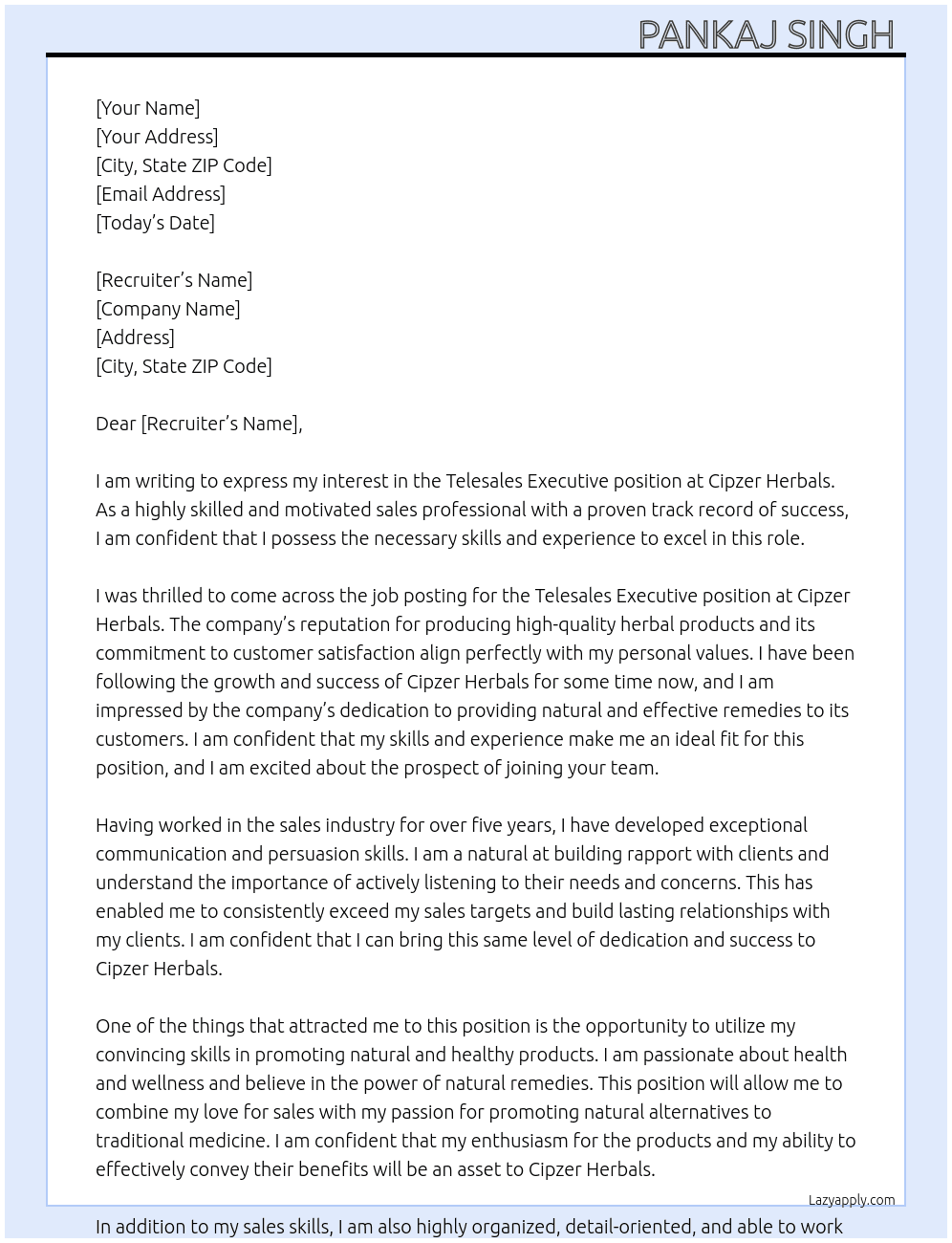 Telesales executive  At Cipzer herbals Cover Letter