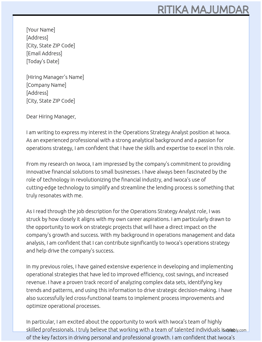 Operations Strategy Analyst  At Iwoca Cover Letter