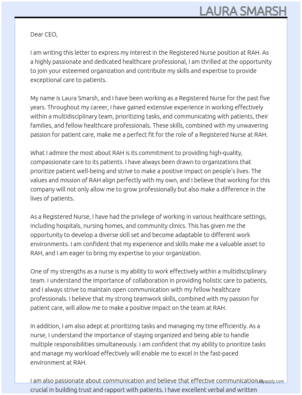 Registered Nurse  At RAH Cover Letter