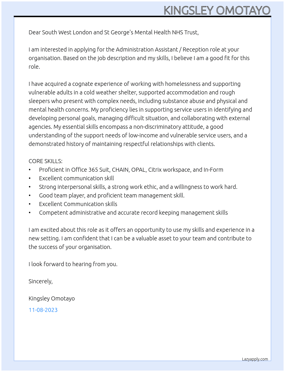 Administration Assistant / Reception At South West London and St George's Mental Health NHS Trust Cover Letter